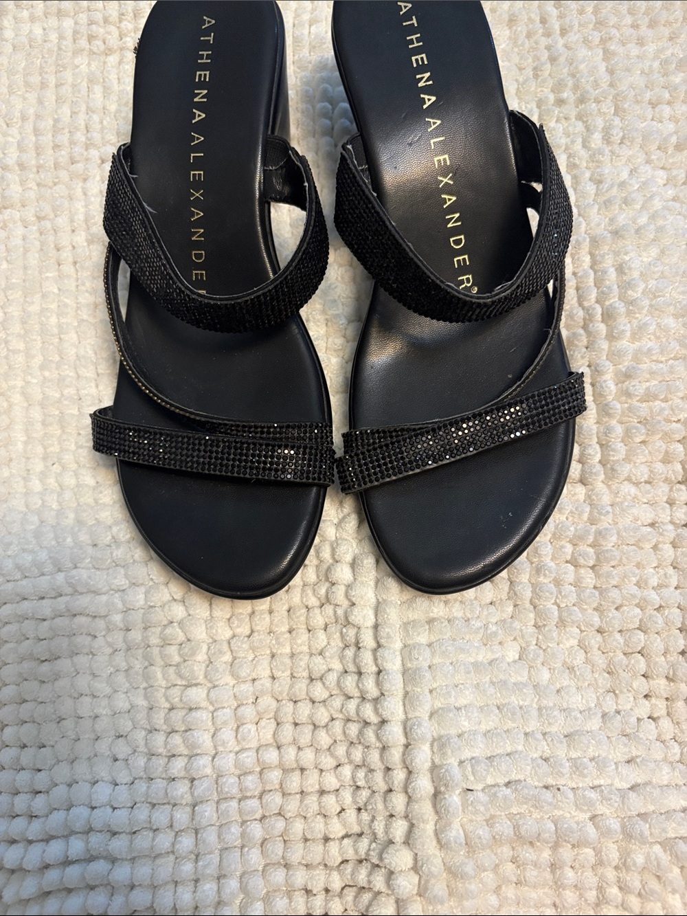 Athena Alexander Black Rhinestone Double-Strap Slide Sandals